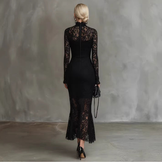 Black Stretch Lace Mermaid Maxi Dress