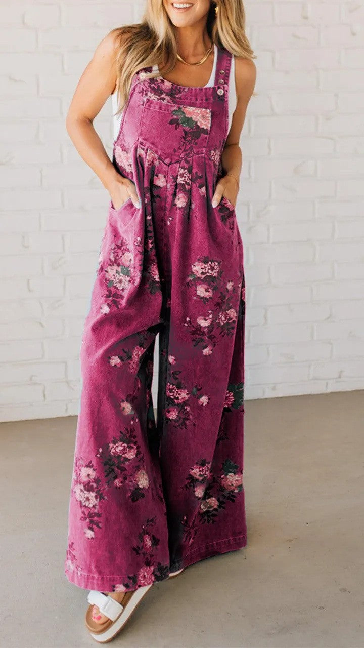 Fashion Denim Floral Print Sleeveless Strap Jumpsuit
