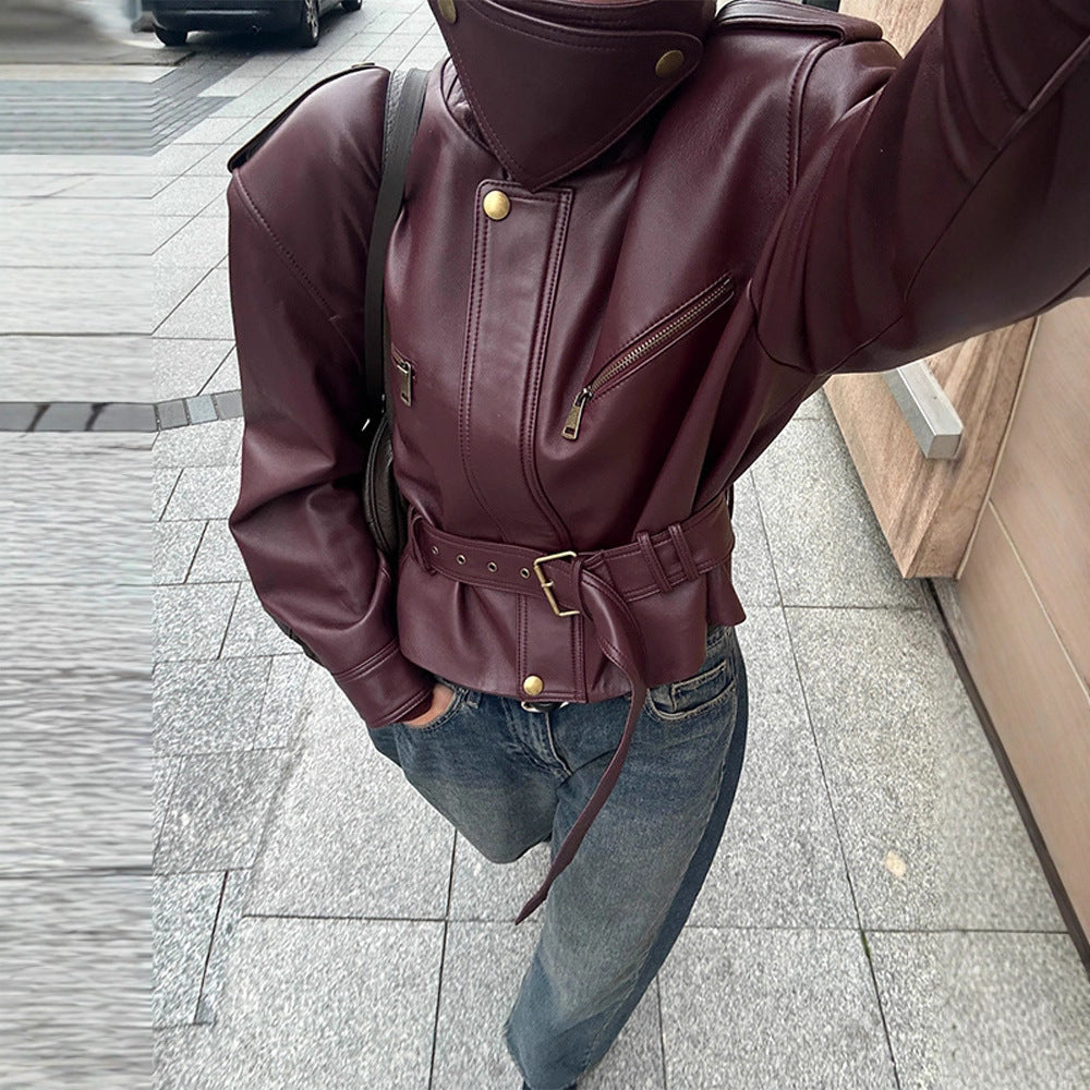 Womens Short Leather Jacket With Lacing