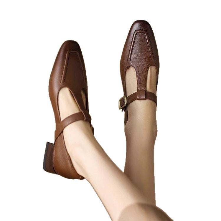 Soft Leather Brown T-strap Chunky Heel Pumps