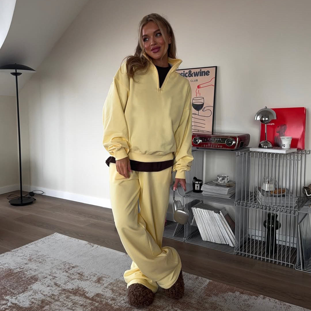 Fashionable Half-Open Collar Long-Sleeve Hoodie And Pants Casual Set