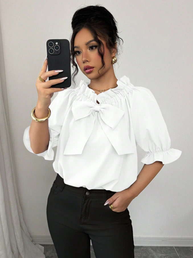 Womens Boat-neck Top With Ruffled Edges And A Bow Detail