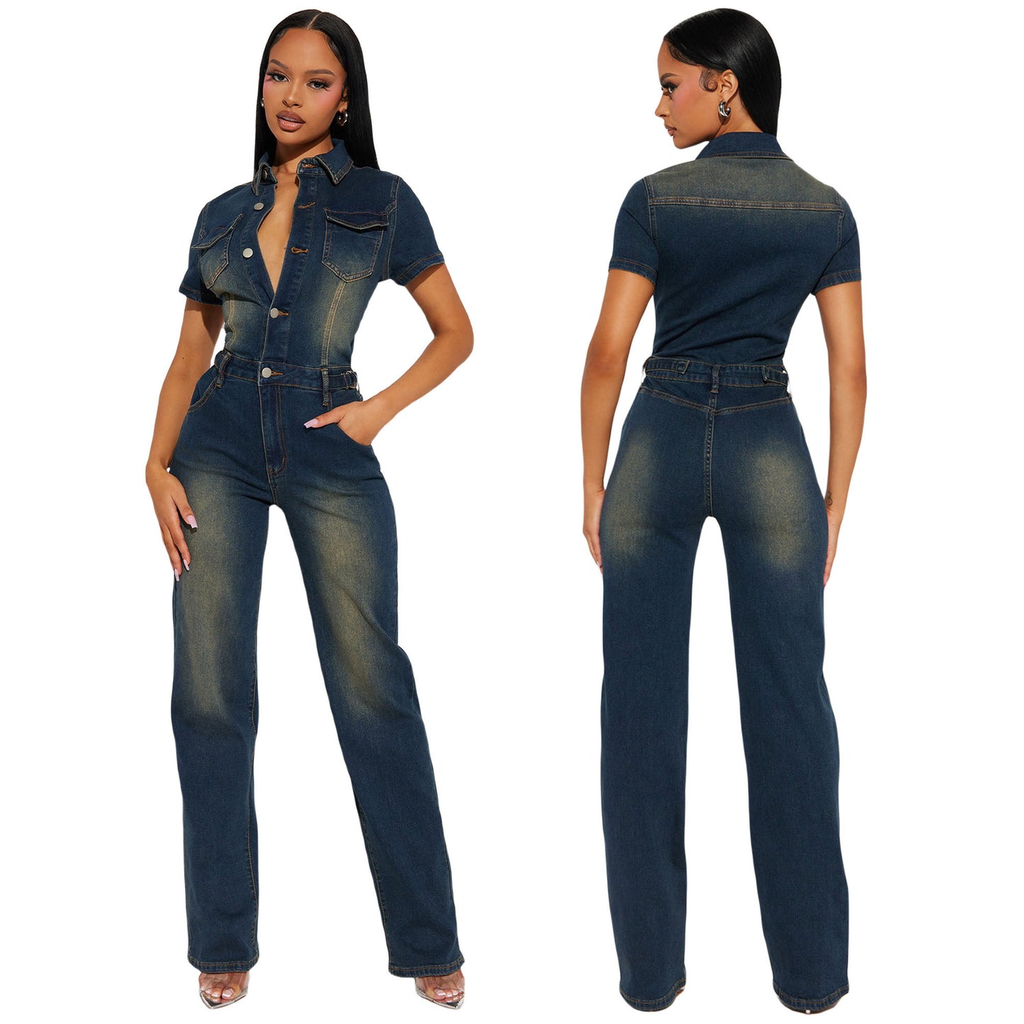 Tight Waist Slim Elastic Washed Denim Jumpsuit