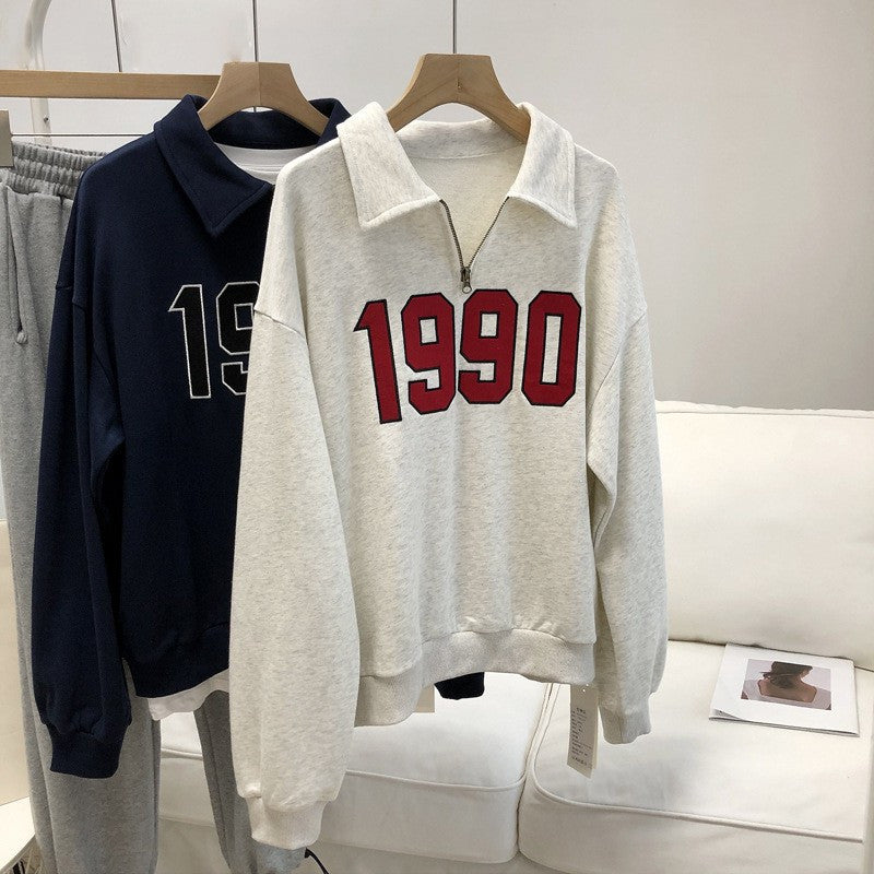 Dame sweatshirt med amerikansk retro-revers og halv lynlås
