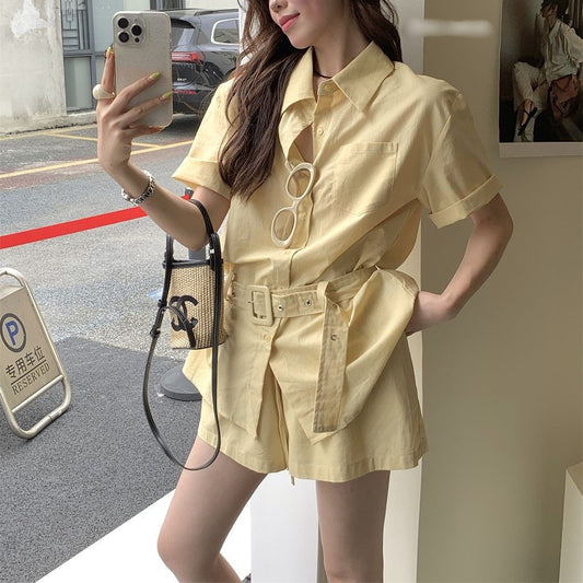 Lapel Short-sleeve Shirt And High-waisted Figure-flattering Shorts Set