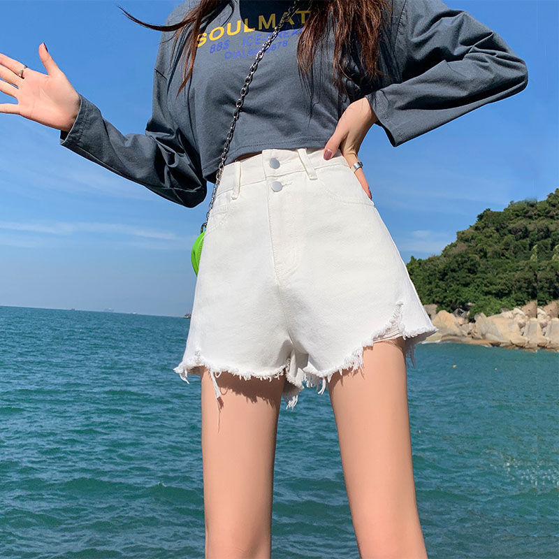 Womens High-waisted Loose-fitting White Denim Shorts