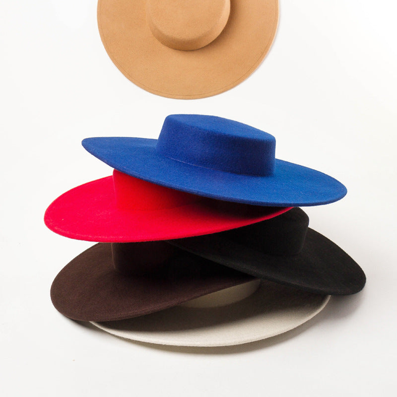 Retro Light Flat Top Big Brim Woolen Bowler Hat