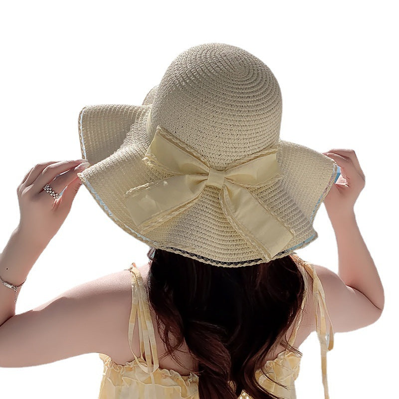 Lace Straw Hat With Wavy Big Brim Bow