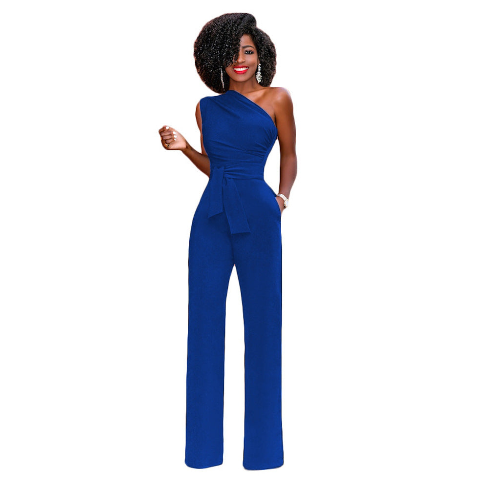 Solid-color Slanted-collar Buttoned Jumpsuit With Wide Legs