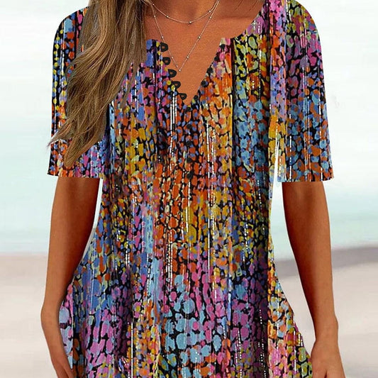 Printed V-neck Button Short Sleeve