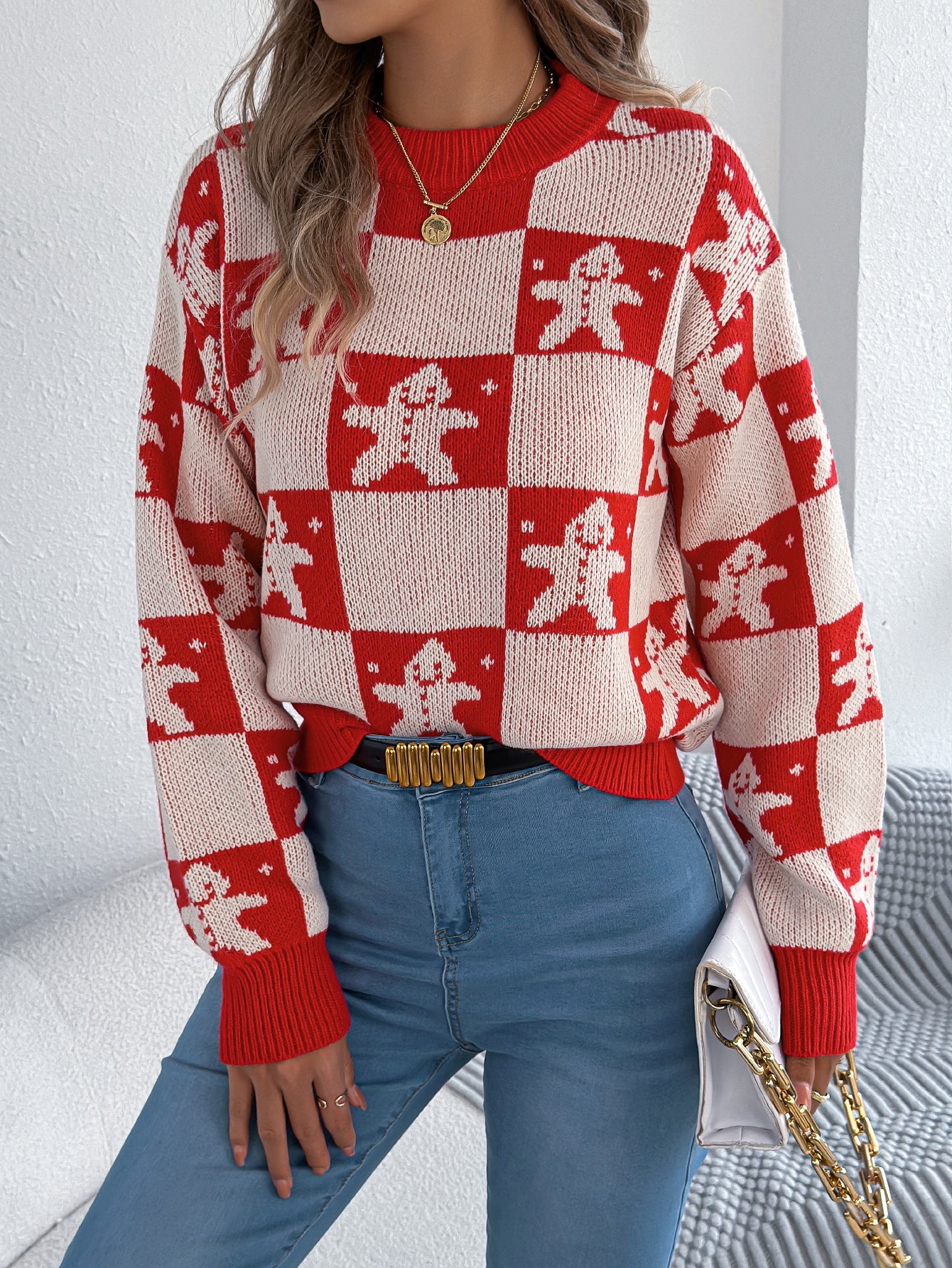 Snowflake Plaid Lantern Sleeve Pullover Sweater