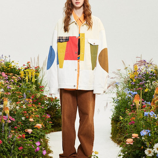 American Style Loose New Patchwork Contrast Color Coat