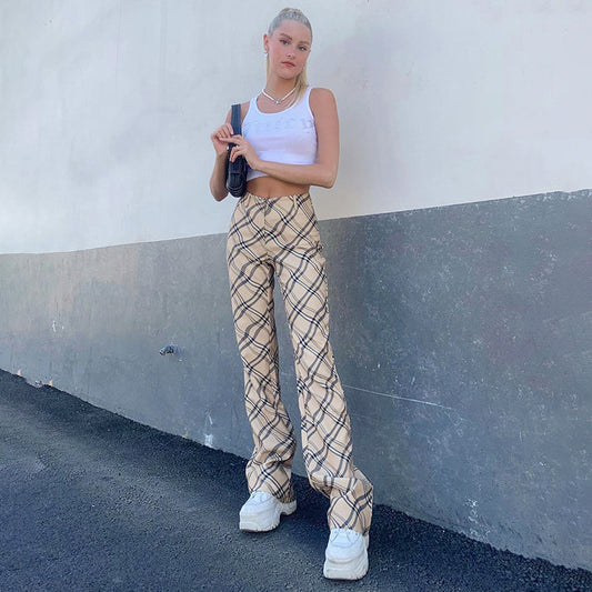 Check casual straight-leg pants