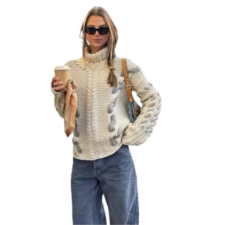Contrast Color Coarse Woven Twist Lazy And Versatile Pullover Sweater