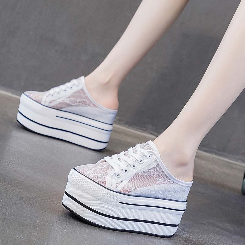 Women's Breathable Lace Mesh Slippers With Thick Bottom Height Increase