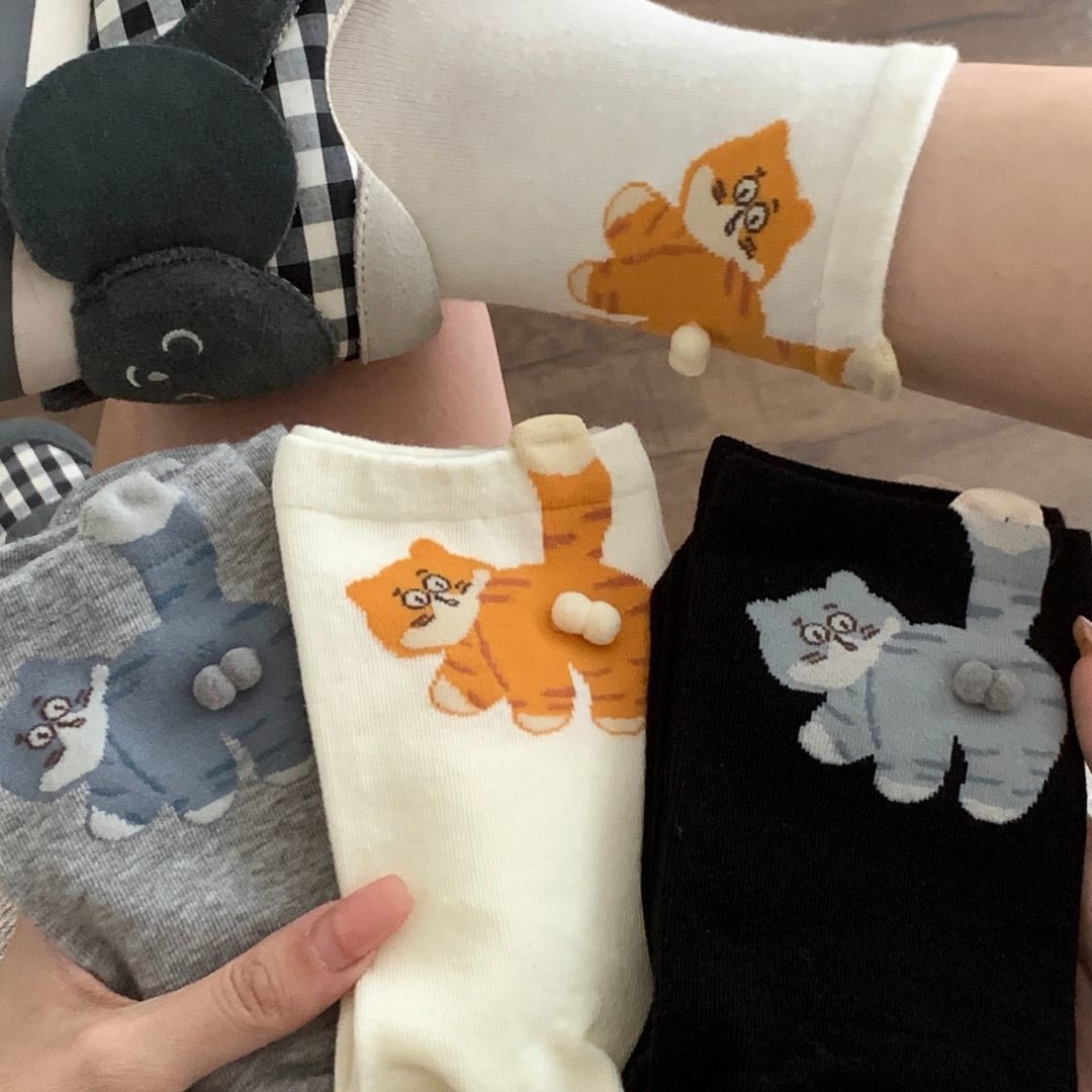 Women's Thin Solid Color Cute Cartoon Funny Long Socks