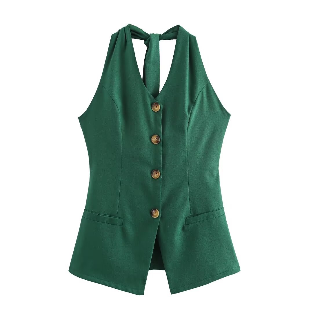 Classic Style Cotton And Linen Halterneck Vest Suit Women's Summer High-grade Trousers
