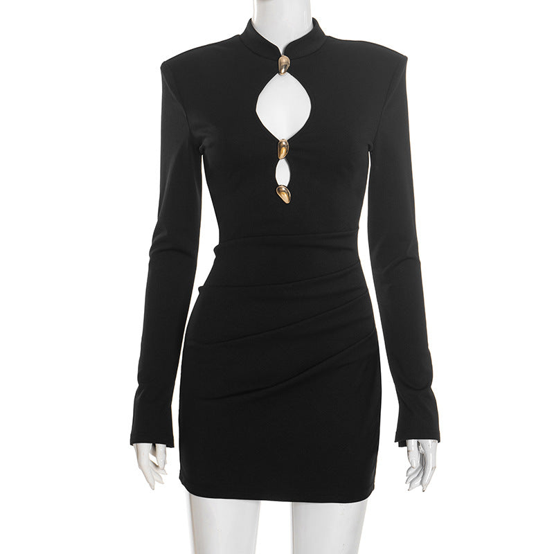 Womens Solid-Color Elegant Slim-Fit Gold Dress From Europe And The US