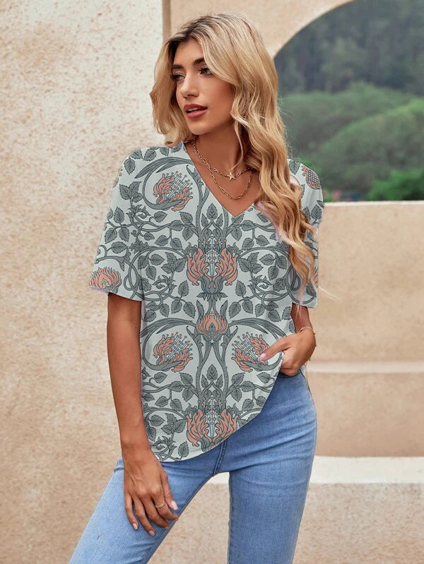 Printed Short Sleeve Urban Loose Casual Women's V Neck T Shirt