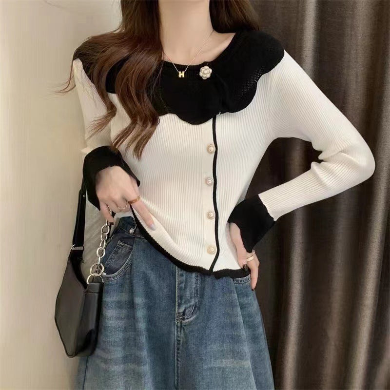 Women's French Style Temperament Contrast Color Lace Collar Sweater