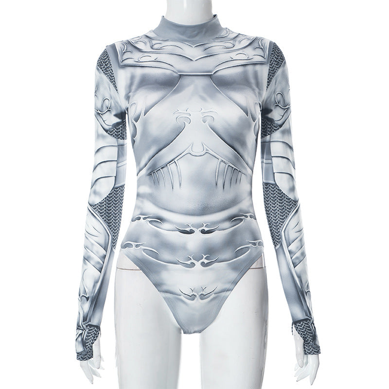 Mechanical Body Print Half Turtleneck Tight Long Sleeve Jumpsuit