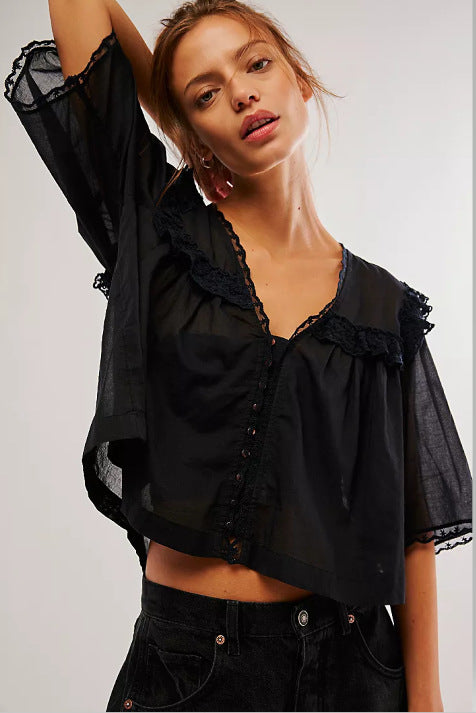 Lace-trimmed Collar Loose-fitting Fashionable Pleated Top For Women