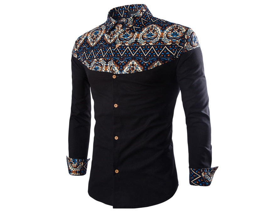 National style shirt printed long-sleeved shirt