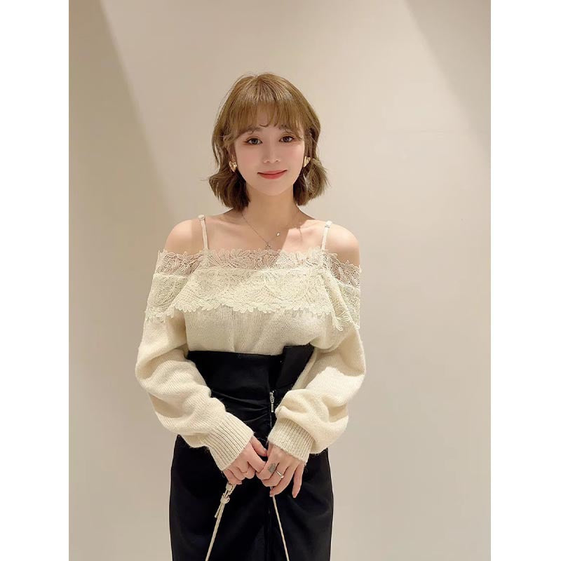 Women's Lace Off-shoulder Loose Sling Sweater