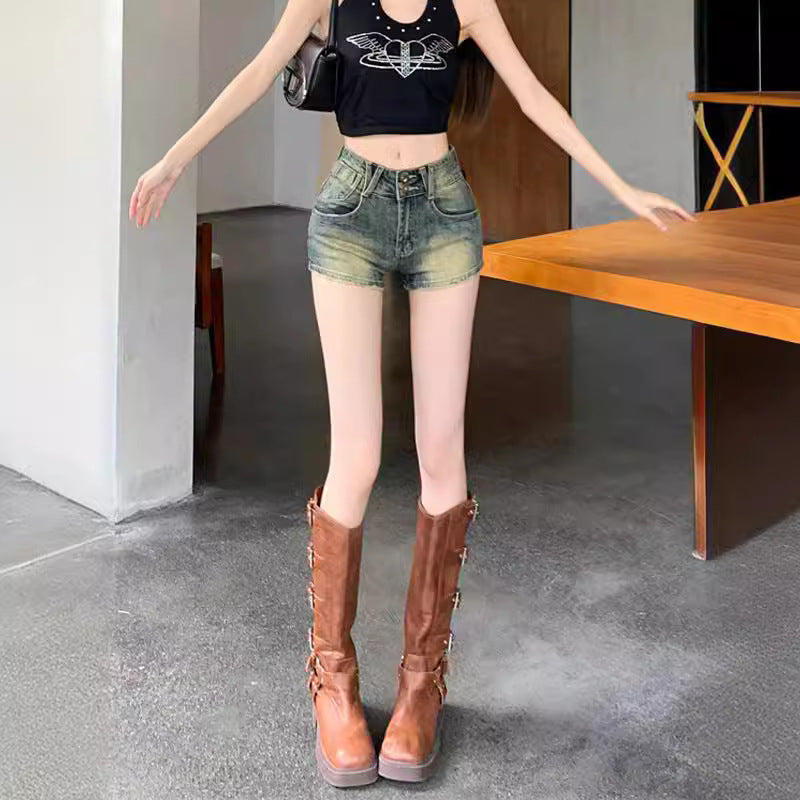 Yellow-ochre Vintage Spicy Girl Denim Shorts For Women Summer Style