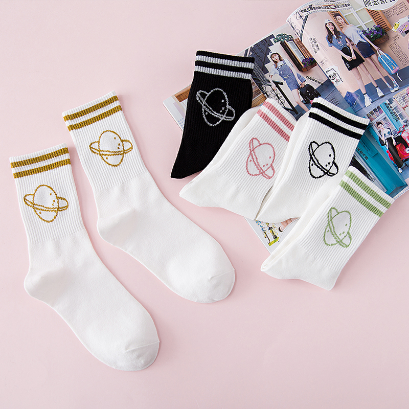 Women's solid color two-bar planet cotton sports socks