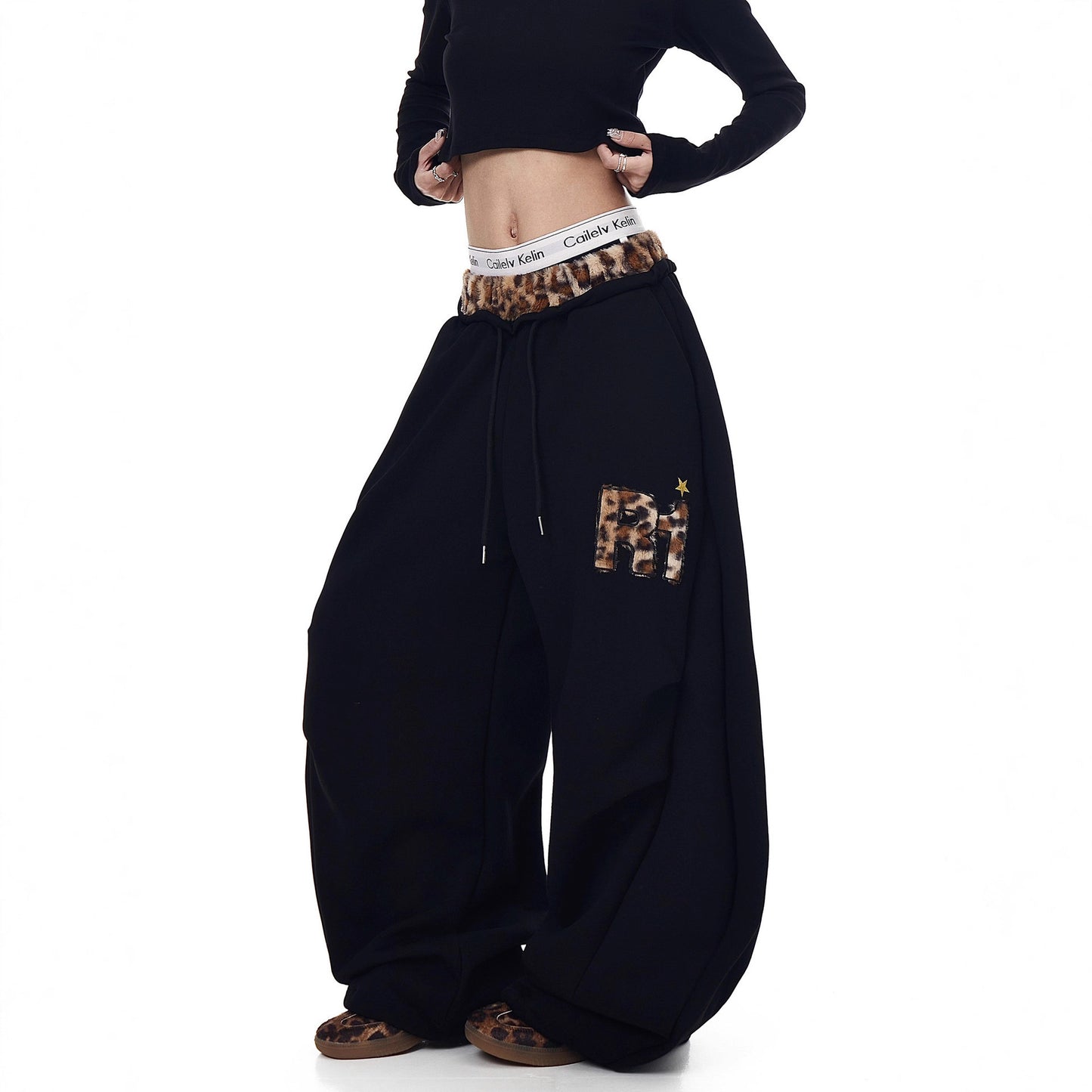 Womens Retro Embroidered Wide-Leg Sweatpants