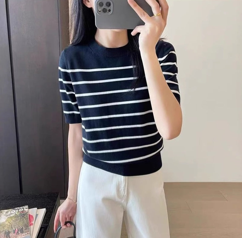 Women's Striped Knitted Short Sleeve Round Neck