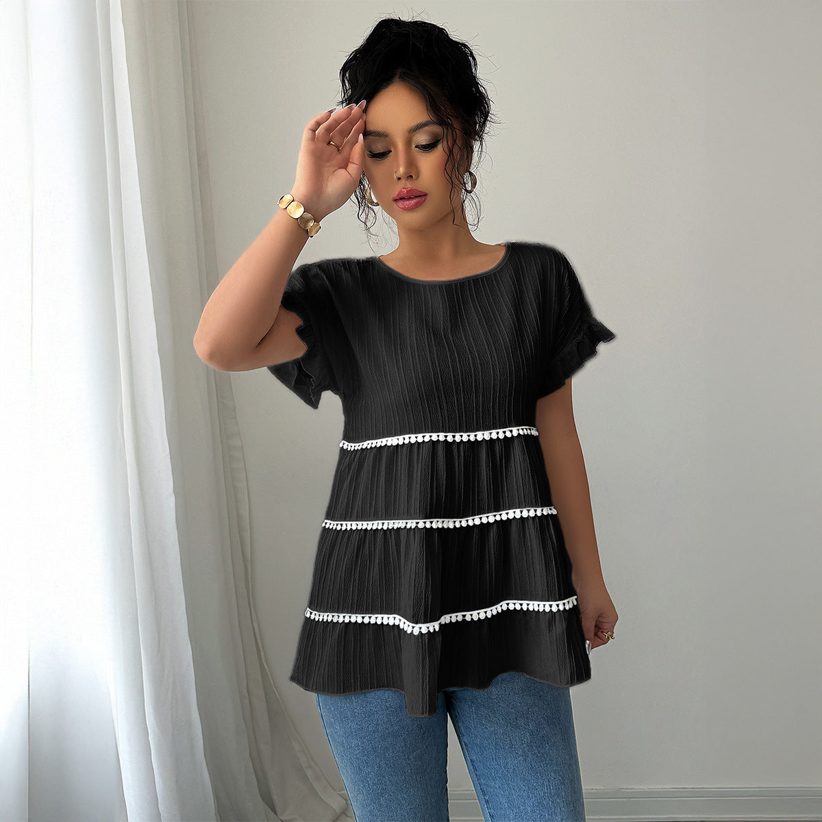Sleek Stylish Ruffled-edge Short-sleeve T-shirt