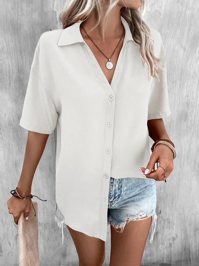 Temperament Pure Color V-neck Shirt Women's Top Short Sleeve