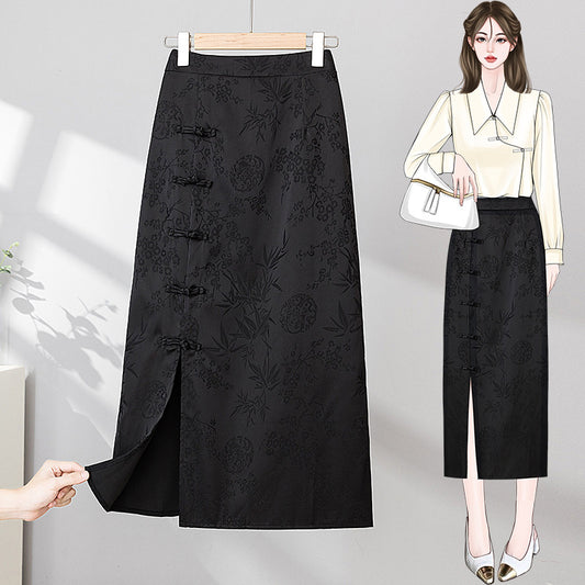 New Chinese-style Traditional Frog-button Retro Jacquard High-waisted Slimming Skirt
