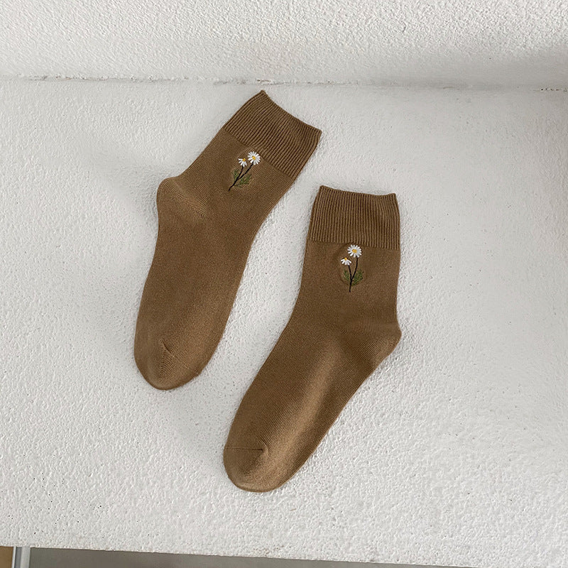 Japanese Candy Color Small Flower Embroidery Pile Socks