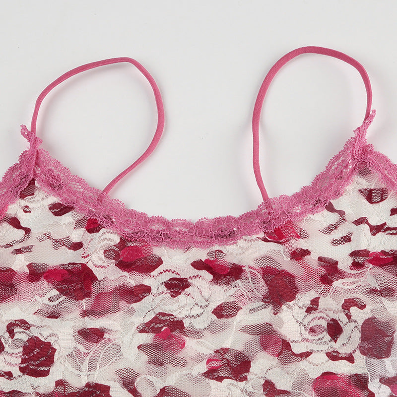 Printed Contrast Color Lace Low Collar Camisole