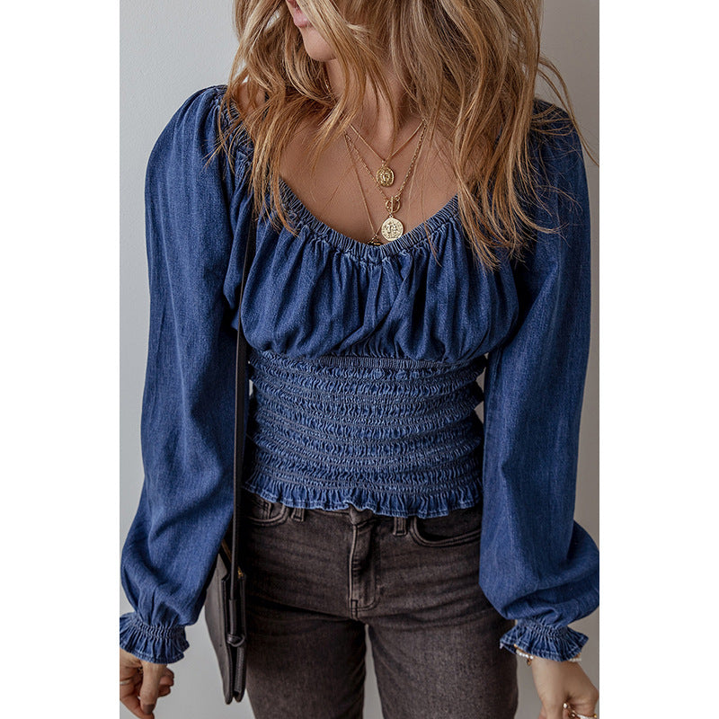 Women's V-neck Denim Long-sleeved Tops