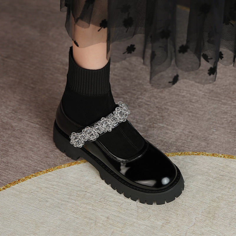 Round Toe Loafers And Socks Boots Thick Mid-heel Snowflake Buckle Platform Short