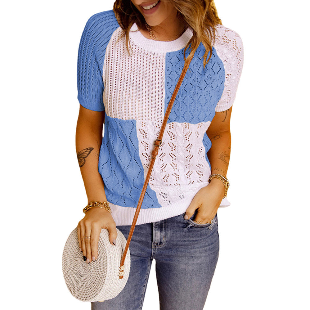 New Fashion European And American Color-blocking Knitted Short-sleeved T-shirt Top Knitted Sweater