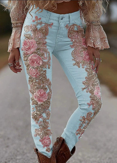 Womens Colorful Floral Faux Denim Pants