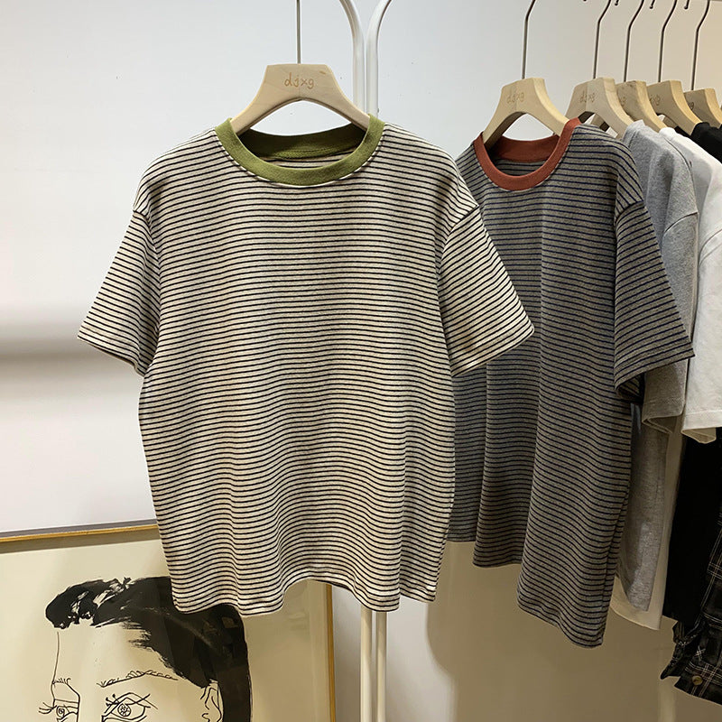 European And American Style Striped Short-sleeved T-shirt For Women