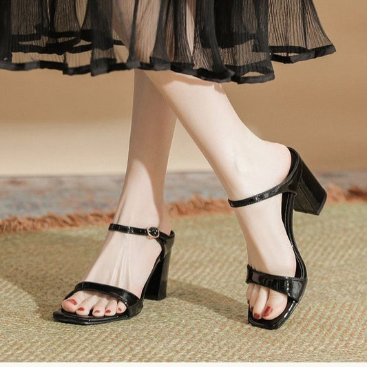 Europæiske og amerikanske hjemmesko med tyk hæl, ensfarvede sandaler med åben tå og slingback-rem