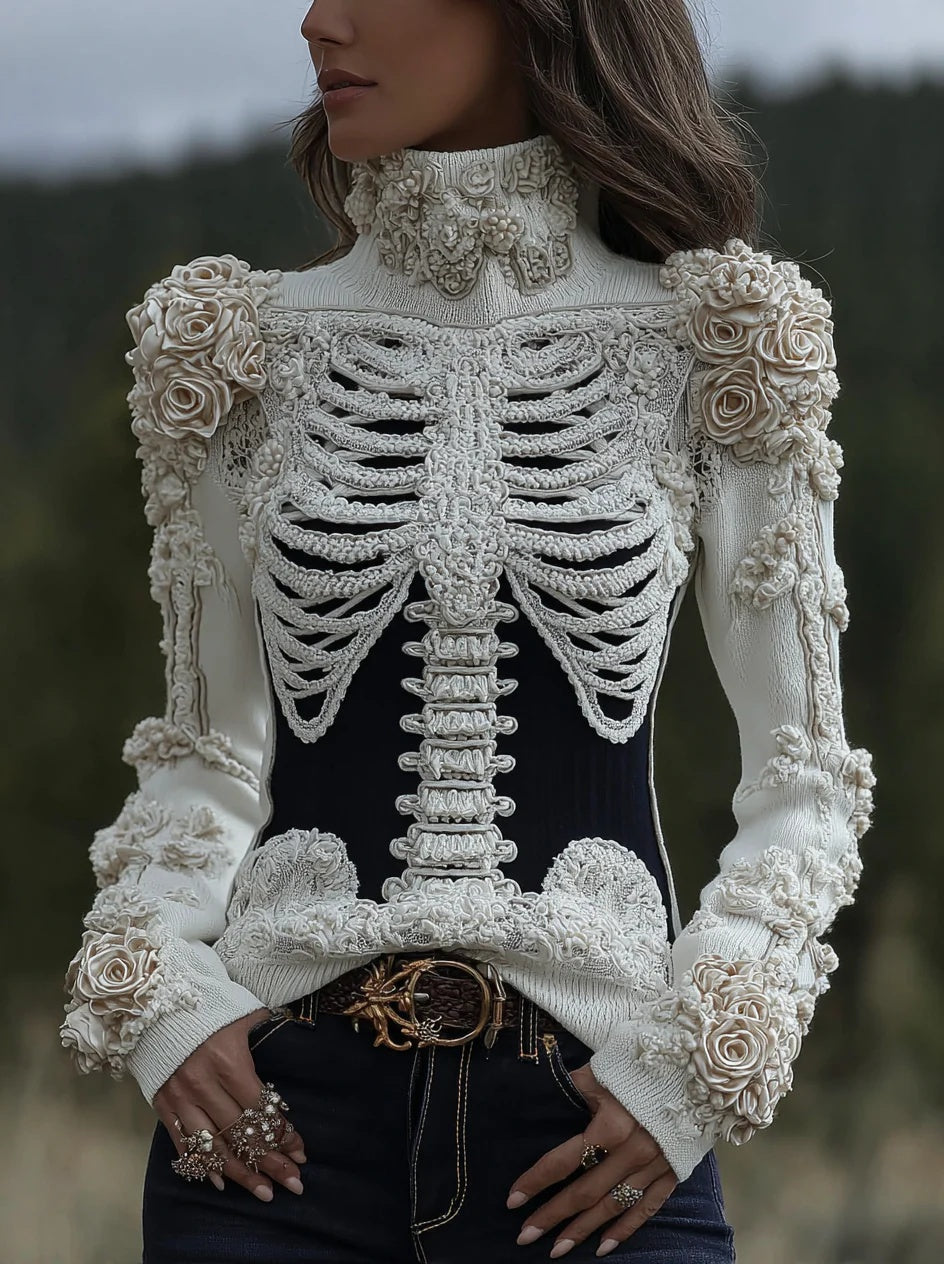 Womens 3D Digital-print Crew-neck Loose Sweater