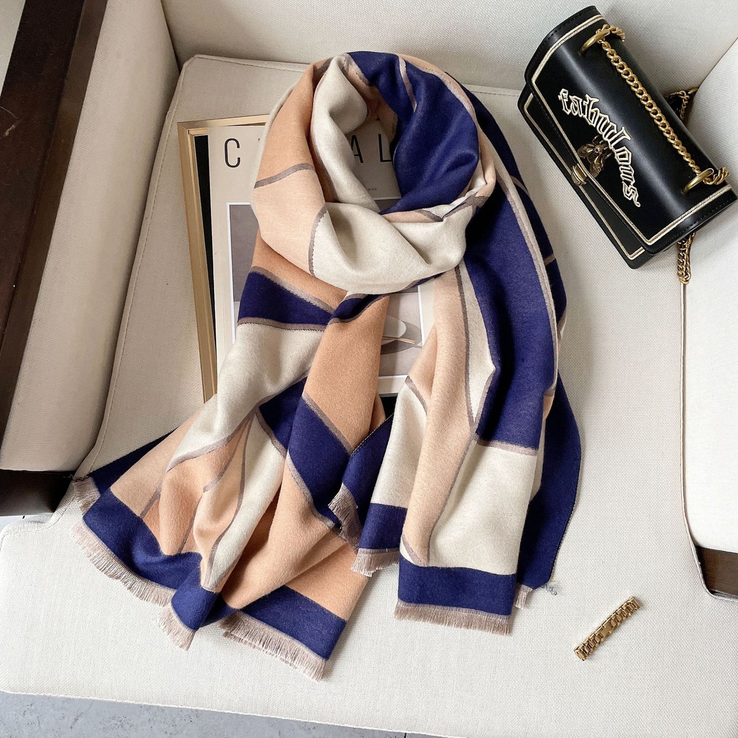 New Color-blocking Warm  With Double-sided Imitation Cashmere Scarf