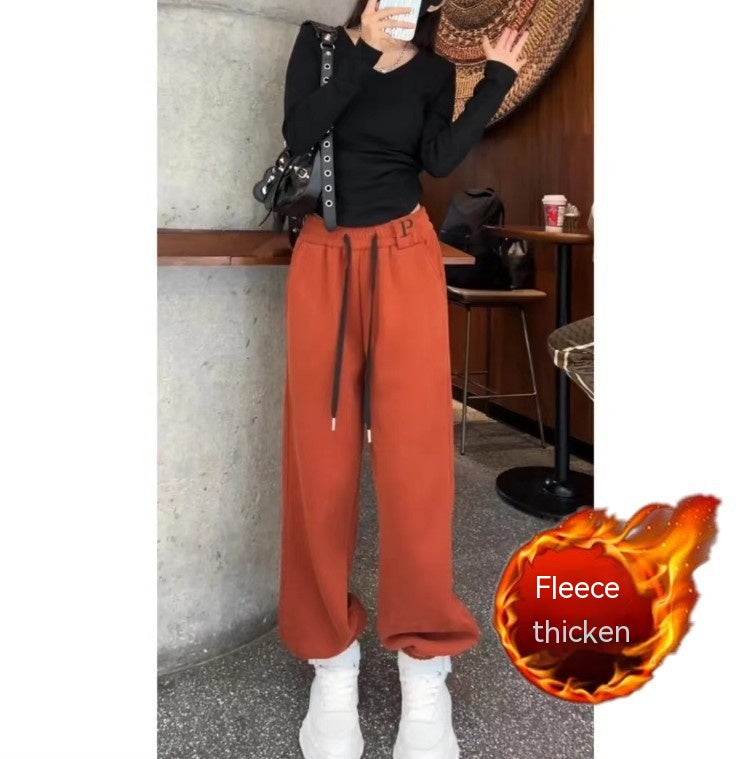 New Letter Embroidery Candy Color Fleece-lined Thick Track Pants