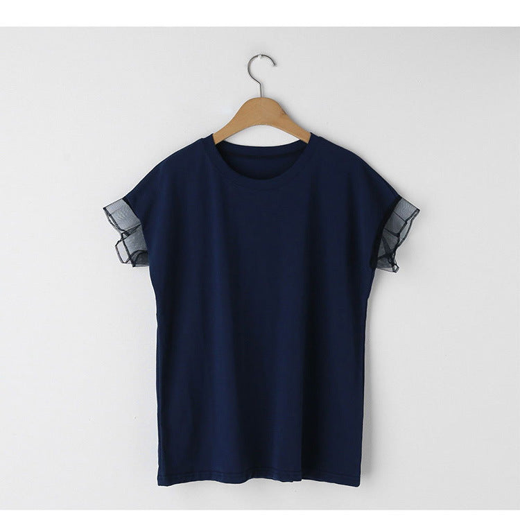 T-shirt til kvinder med rund hals, mesh-flæseærmer og ensfarvet design