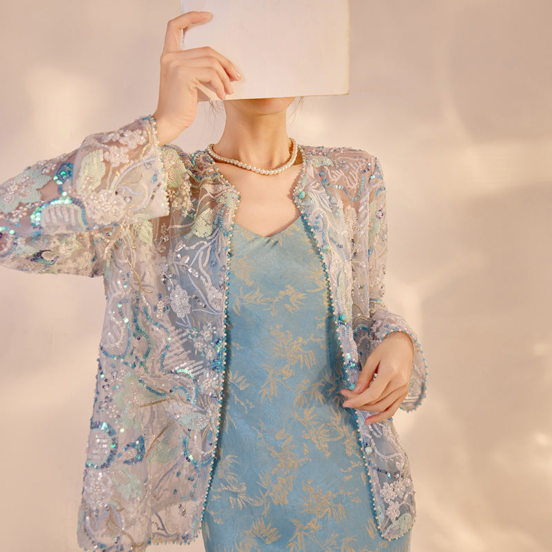 Chinese Embroidery Sequined Round Neck Top Pearl Embroidery Coat