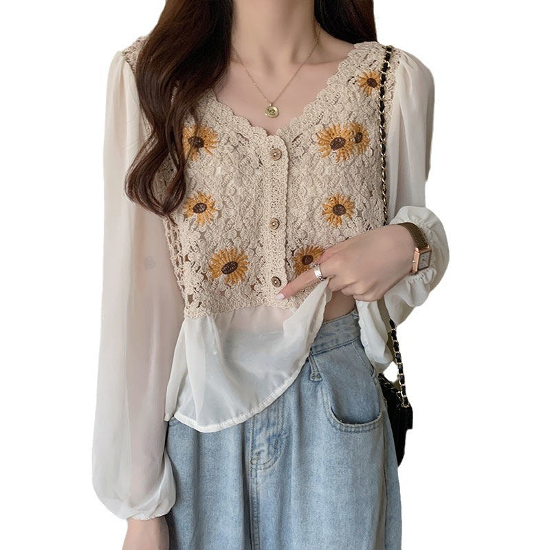 Early Autumn National Style Top Hollow Design Sunflower Embroidery Slightly Breathable Western Style Small Shirt Outer Wear