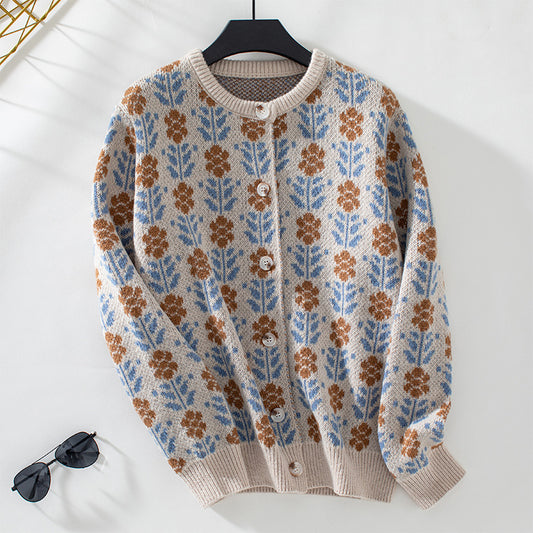 Lady's Flower Jacquard Sweater Cardigan Coat